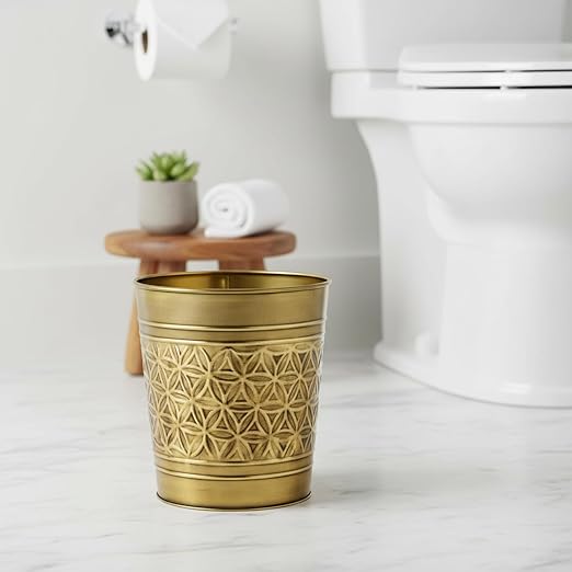 Autumn Alley Handcrafted Brass Bathroom Trash Can Round Open-Top Bathroom Wastebasket Stylish Metal Waste Bin for Home Office Bedroom Decorative Waste Basket Decor Coastal Trash Can Brass 2 Gal.