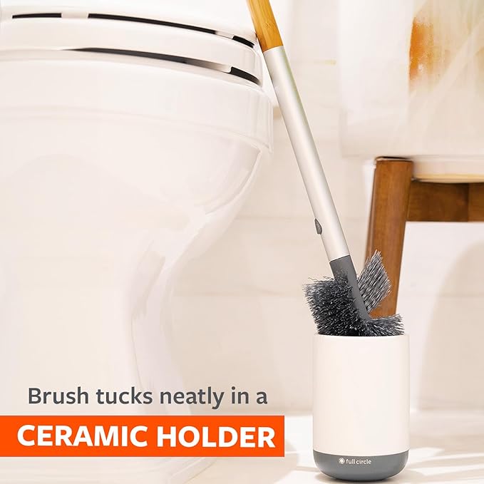 Full Circle Scrub Queen Bathroom Toilet Brush with Ceramic Holder and Instant-Dry Coating for Mold &amp Mildew Prevention More Hygenic Toilet Cleaning Scrubber Replaceable Head White