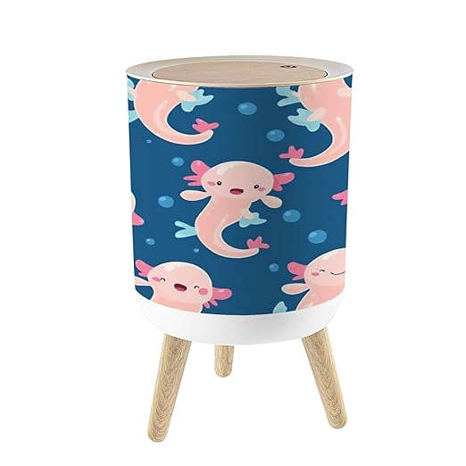 Small Trash Can with Lid axolotl kawaii seamless pattern baby amphibian cute animal drawn 1.8 Gallon/7L Garbage Can Waste Bin with Press Top Lid Wood Legs Wastebasket for Bathroom Kitchen Bedroom