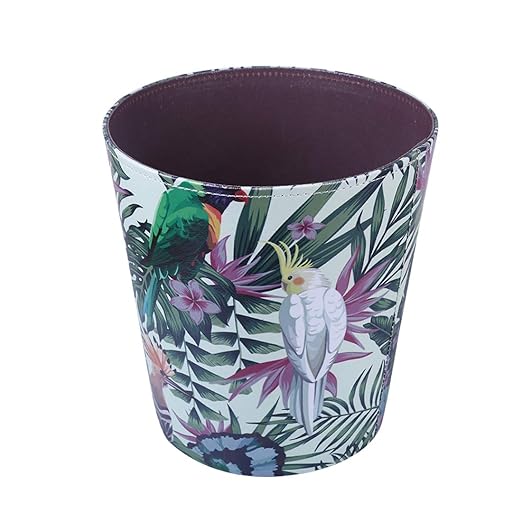 10L/2.64 Gallon Trash Can Decorative Waste Basket PU Leather Waste Paper Basket Waterproof Garbage Can for Bathroom Bedroom Office Kitchen and Living Room - Green and White Bird