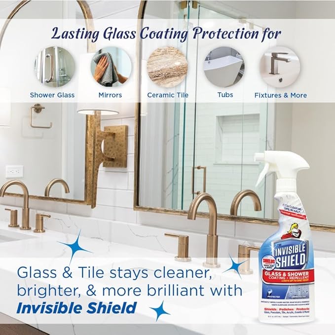 Invisible Shield Protective Glass Shower Coating for Showers Mirrors Windows Tile to Repel Soap Scum and Hard Water Minerals for Easier Cleaning (2 Pack) 16 oz