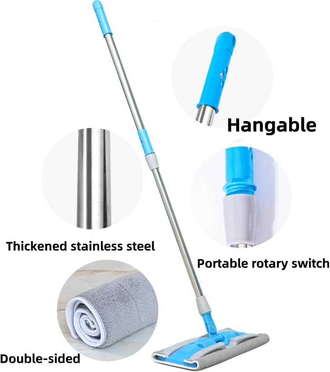 Microfiber Mop Flat Hook Telescopic Flat Floor Mops with 360 Degree Handle Reusable Wet &amp Dry Clamp Cleaning Mops for Home Kitchen and All Floor Surfaces