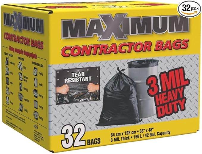 Maximum Heavy Duty Garbage Bags 42-Gallon 3 Mil Black Garbage Bags Extra Large Tear Resistant Industrial Strength 32 Counts