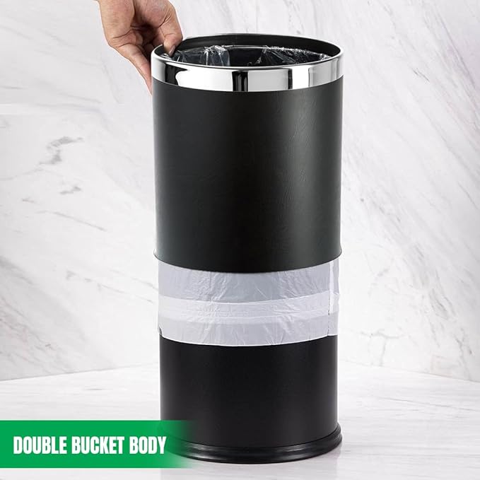 'Invisi-Overlap' Open top Leatherette Trash Can Small Office Wastebasket Modern Home Décor Round Shape (Black)