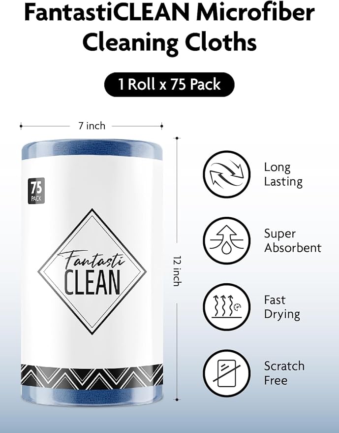 Fantasticlean Microfiber Cleaning Cloth Roll -75 Pack Tear Away Microfiber Towels 12 x 12 Reusable Washable Scratch Free Ultra Absorbent for All-Around Cleaning Supplies (Navy Blue)