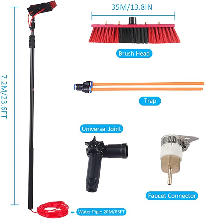 Telescopic Water Fed Window Cleaning Pole with Adjustable Brush Head Extendable Window Cleaner Tool Solar Panel Cleaning Brush and Pole Kit Window Cleaning Equipment