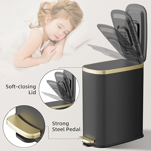 KUK Small Bathroom Trash Can with Lid Soft Close Step Pedal 2.6 Gal Stainless Steel Garbage Can with Removable Inner Bucket Anti-Fingerprint Wastebasket for Office Bedroom Toilet (Black)
