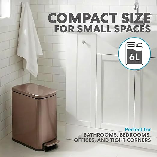 6L/1.6G Stainless Steel Bathroom Trash Can with Hands-Free Foot Pedal Quiet Soft-Close Lid Compact Space-Saving Size