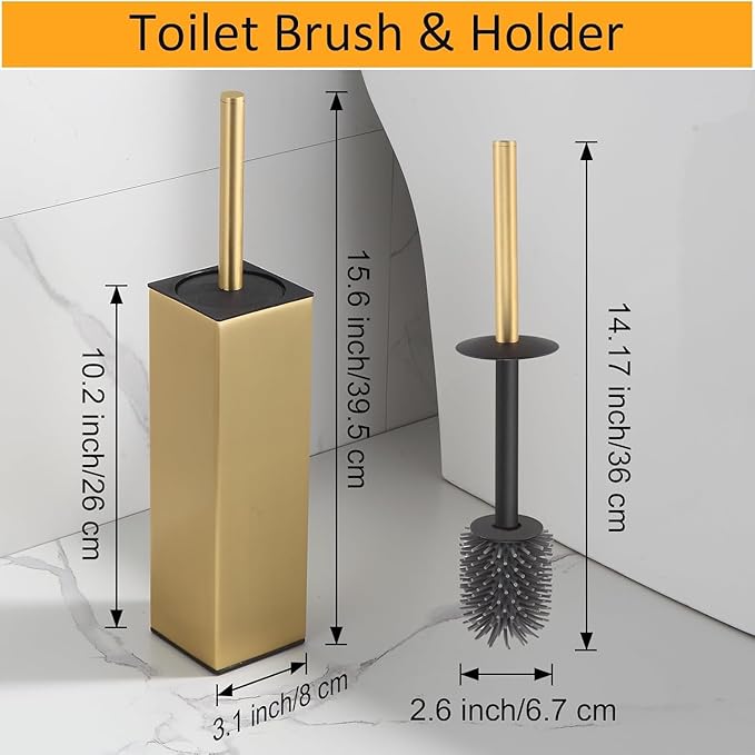 BGL Standing Toilet Brush and Holder Brushed Gold Aluminium Toilet Bowl Cleaner Brush and Holder for Bathroom Storage and Organization Square Design Sturdy and Space Saving