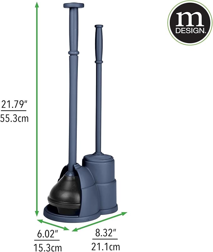 mDesign Plunger and Brush Set for Toilet Bowl - Hidden Modern Toilet Brush and Plunger Set with Caddy - Brush Cleaner and Plunger Combo with Holder for Bathroom - Hyde Collection - Navy Blue