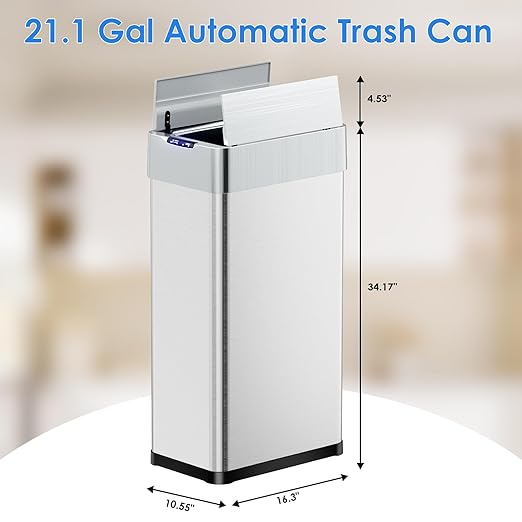 TLSUNNY 21.1 Gallon Automatic Trash Can Stainless Steel Motion Sensor Garbage bin Smart Trash Can W/Butterfly Lid Bag Retainer Ring and Display Light for Living RoomKitchenOffice (Silver 80L)