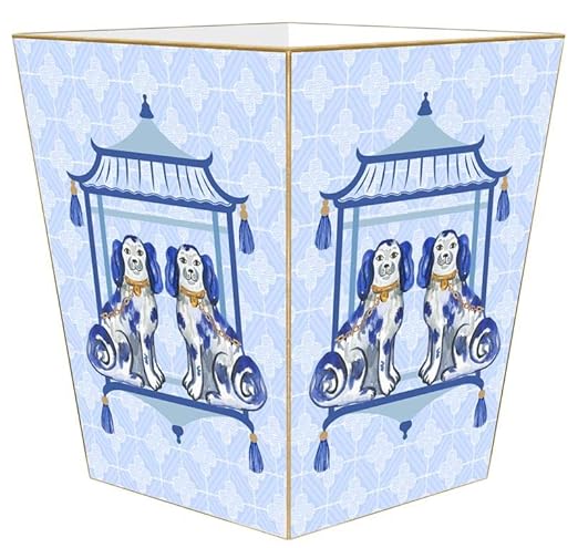 Marye-Kelley Staffordshire Dogs on Blue Wood Wastepaper Basket Chinoiserie Handmade in The USA Wastebasket for Bedroom Bathroom Living Room Office Kitchen