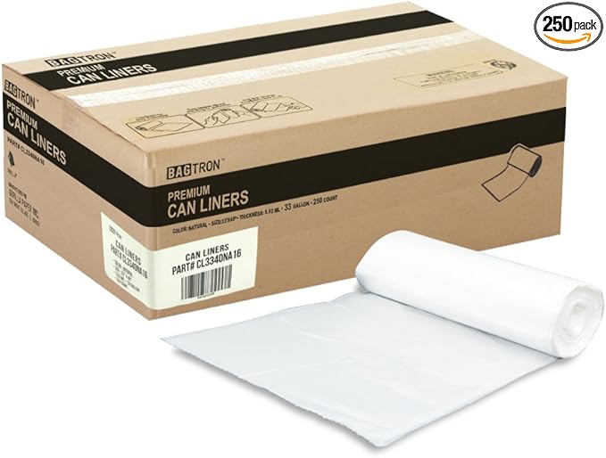 33 Gallon Trash Bags 16 Micron High Density Pure HDPE Garbage Can Liners Bulk 33 x 40 Natural Clear 250 Count
