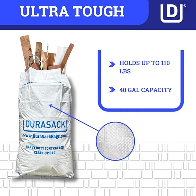 DURASACK Contractor Bags Heavy Duty 40-Gallon Reusable White Woven Polypropylene Contractor Garbage Bags Pack of 20