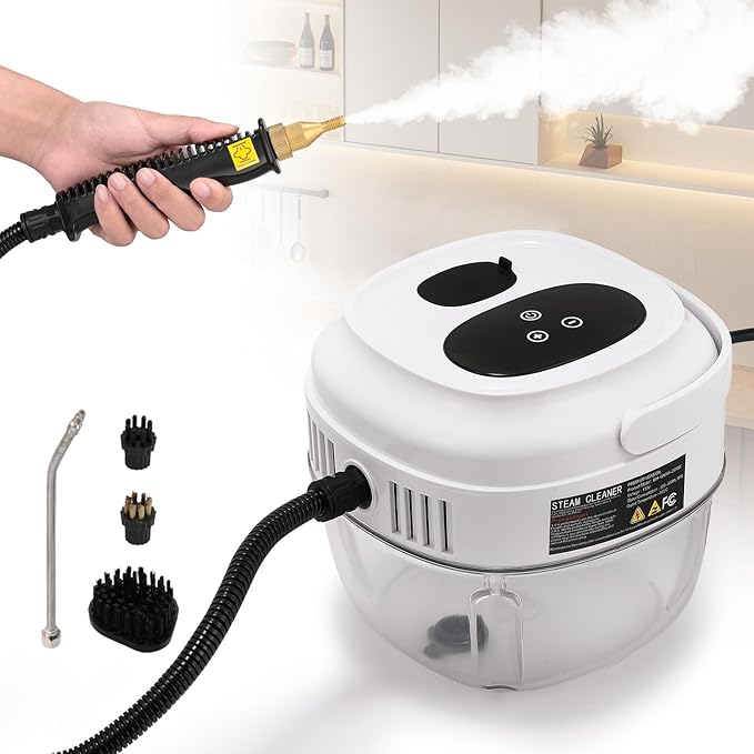 Handheld Steam Cleaner Touch Panel 2500W High Pressure Steamer for Cleaning Grout Tile Portable Steamer for Car Auto Home Small Power Cleaning Steamer with Drain Hole (White)