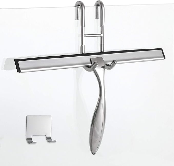 Simtive 12-Inch Shower Squeegee Set Includes Shower Door Hook and Adhesive Hook Squeegee for Shower Doors Mirror and Window Silver