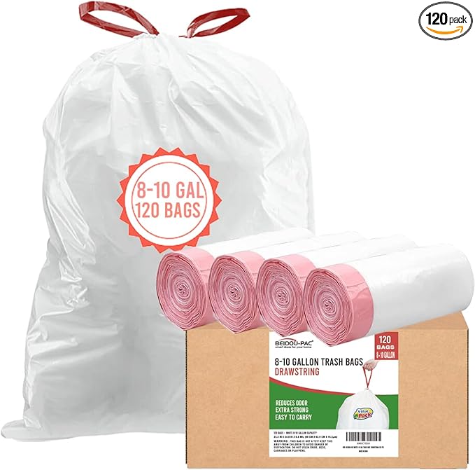 Trash Bags 8-10 Gallon Drawstring 120 Count Multifold Roll Garbage Bags Large Kitchen Trash Bags Odorless &amp Heavy Duty White Plastic Food Scrap Bags for Bathroom Bedroom Office Waste