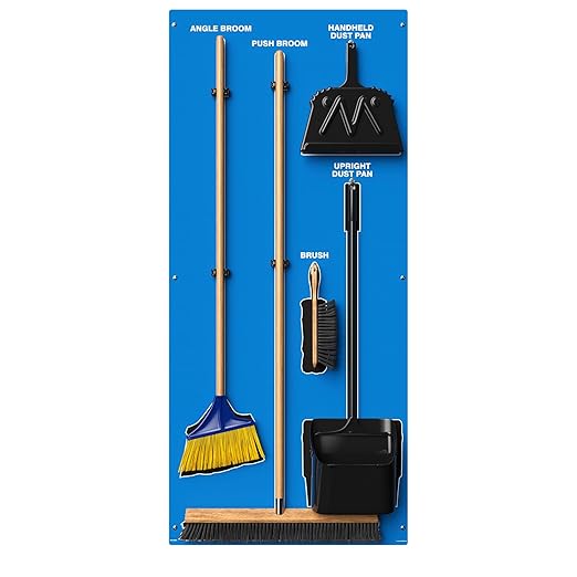 Clean &amp Sweep 5S Shadow Board/Wall Mount Broom Holder 68 x 30 Board 5S Cleaning Station - with Broom and Dustpan Set Included Made in The USA by AccuformNMC Blue/Black PSB716BUBK