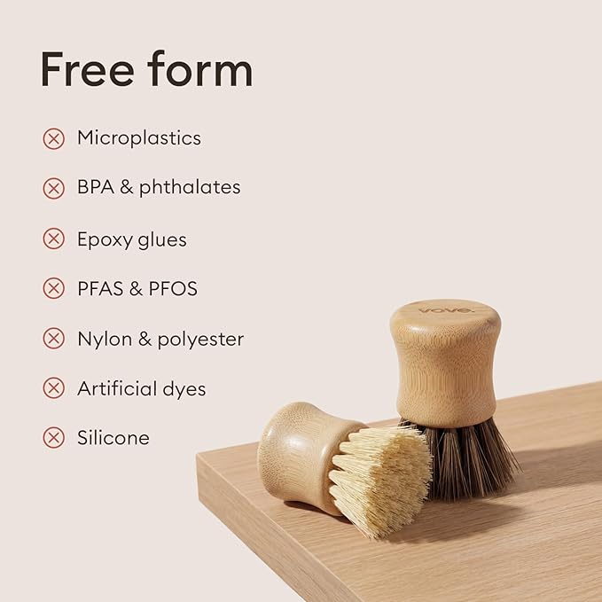 Vove Cleaning Essentials Set – Bamboo Dish Brush with Replacement Head 2 Scrub Brushes 2 Scrub Sponges – FSC Certified Plastic-Free Natural Bristles &amp Loofah – Eco-Friendly Kitchen Cleaning Ki