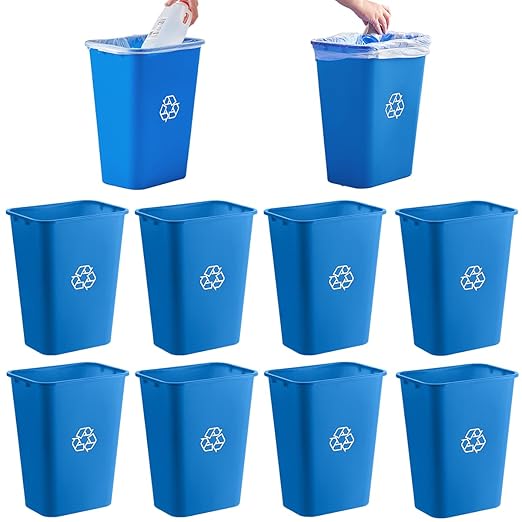 10 Pack Recycle Wastebasket 28 Qt. / 7 Gallon Rectangular Wastebasket/Trash Can Kit - Space Saving Recycling Bin Narrow Spaces in Commercial Kitchen Home Office and Dorm - Blue