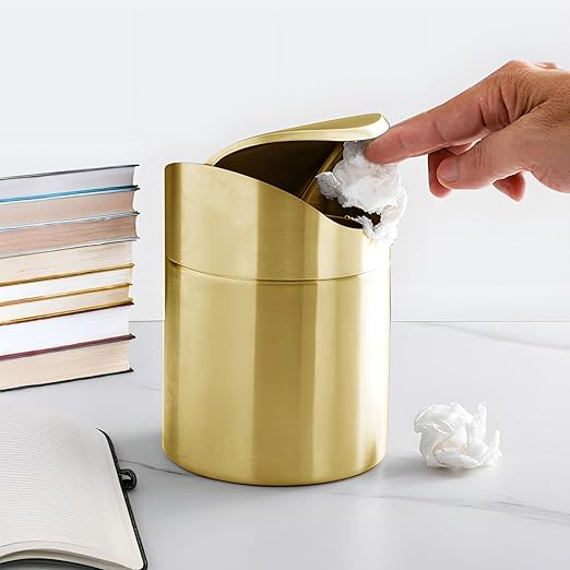 Mini Gold Trash Can Stainless Steel Desktop Garbage Bin with Swing Lid Small Countertop Waste Basket for Bathroom Office Removable Cover