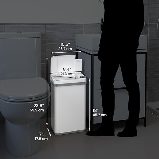 iTouchless 4 Gallon Bathroom Trash Can with Odor Control 15 L Automatic Motion Sensor Bin Soft-Close Stainless Steel Slim Wastebasket for Narrow Spaces White