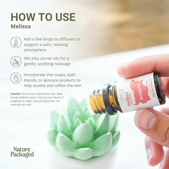 Melissa Essential Oil - Direct from Bulgarian Sustainable Farms - Steam Distilled - Aceite Toronjil for Aromatherapy Massage Diffuser DIY Candle and Soap Making - 5ml