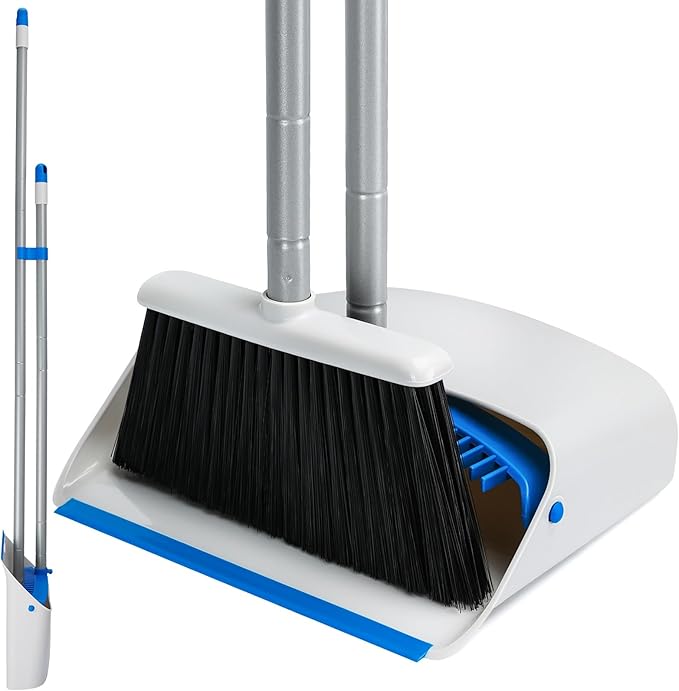 Broom and Dustpan Set with Long Handle 52 Standing Broom and Dust Pan Set for Home Kitchen Room Office Lobby Blue
