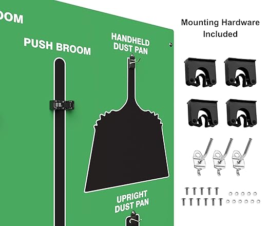 Clean &amp Sweep 5S Shadow Board/Wall Mount Broom Holder 68 x 30 Board 5S Cleaning Station - with Broom and Dustpan Set Included Made in The USA by AccuformNMC Green/Black PSB116GNBK