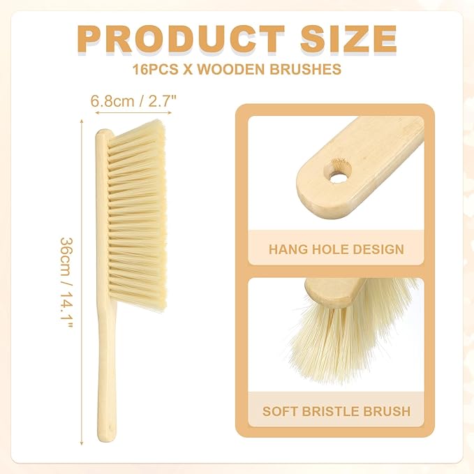 uxcell 16pcs Wooden Dust Brush 14 Inch Hand Broom Cleaning Brush Soft Bristle with Wood Handle for Bench Car Sofa Bed Fireplace Yellow