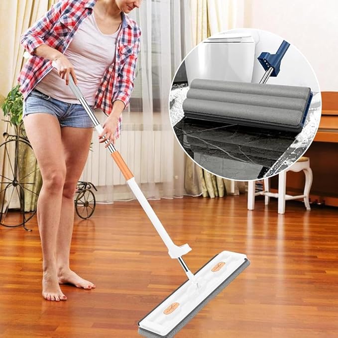 Large Flat MopLarge 17inch Hands-Free Mop EVA Squeegee &amp 360° Swivel for Hard Floors (White 2 Cloth)