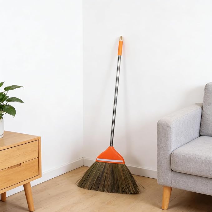Natural Broom for Sweeping Indoor Outdoor - 41.7 Long Hand Handle Broom - Vietnam Handmade Straw Soft Design for Home Kitchen Garage Bedroom