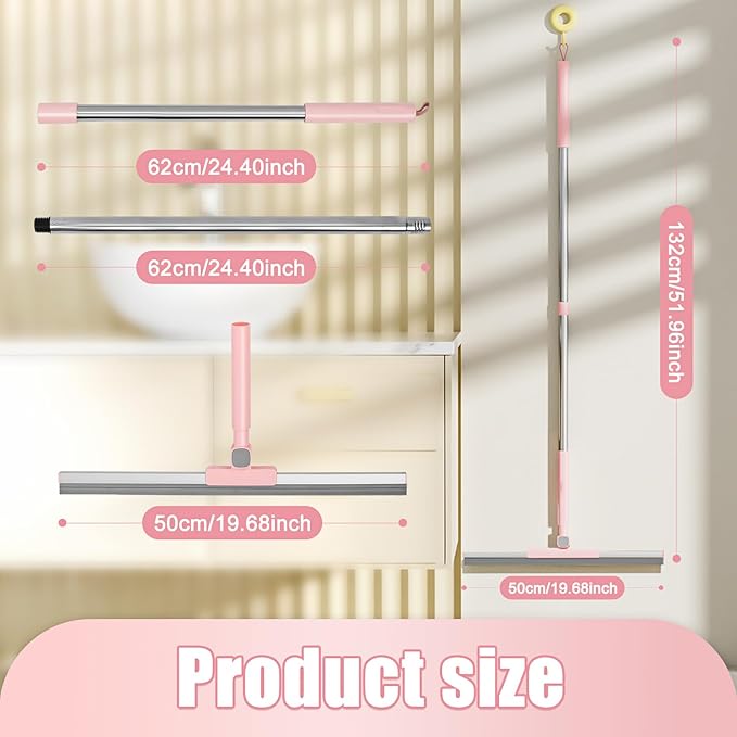 Heavy-Duty 20 Floor Squeegee &amp Silicone Broom for ConcreteTile Garage Windows Commercial Squeegee Broom with Long Handle Pet Hair Dust &amp Liquid Remover for Floors/Rugs(Pink)