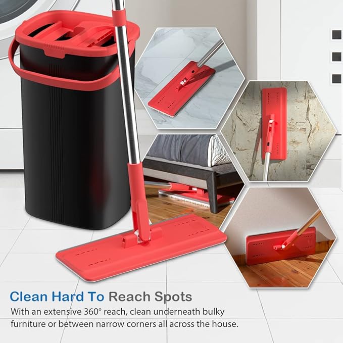 Tethys Flat Floor Mop and Bucket Set for Professional Home Floor Cleaning System with Aluminum Handle/2-Washable Microfiber Pads Perfect Home + Kitchen Cleaner for Hardwood Laminate Tiles Vinyl