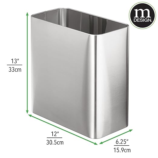 mDesign Stainless Steel Slim Rectangular Modern Metal 2.6 Gallon/10 Liter Trash Can Wastebasket Garbage Container Bin for Bathroom Bedroom Kitchen Home Office Holds Waste Recycling - Chrome