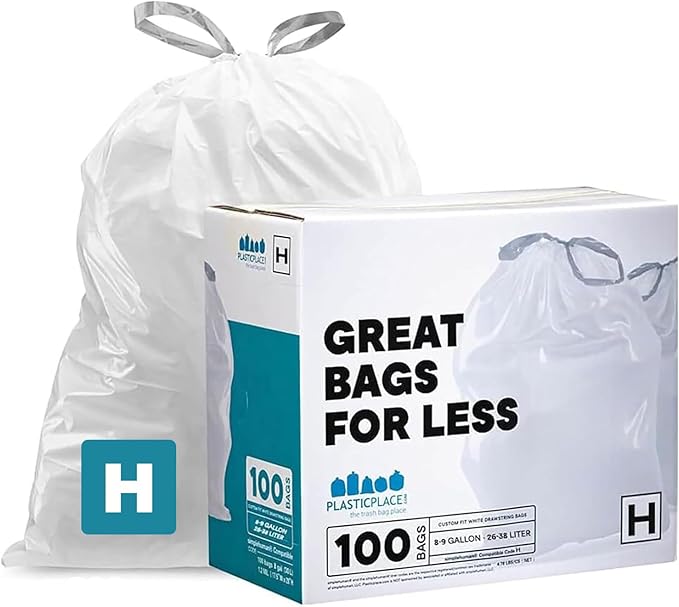 Plasticplace Trash Bags Compatible with Simplehuman Code H 8-9 Gallon Trash Can Liners White Drawstring Garbage Bags 100 Count Heavy Duty