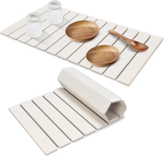 Extral Large Stone Dish Drying Mats for Kitchen Counter 28(L)×16(W) Quick Dry Dish Drying Mat Collapsible Eco-Friendly Absorbent Diatomaceous Earth Mat for Dishes Cups Match Any Countertop
