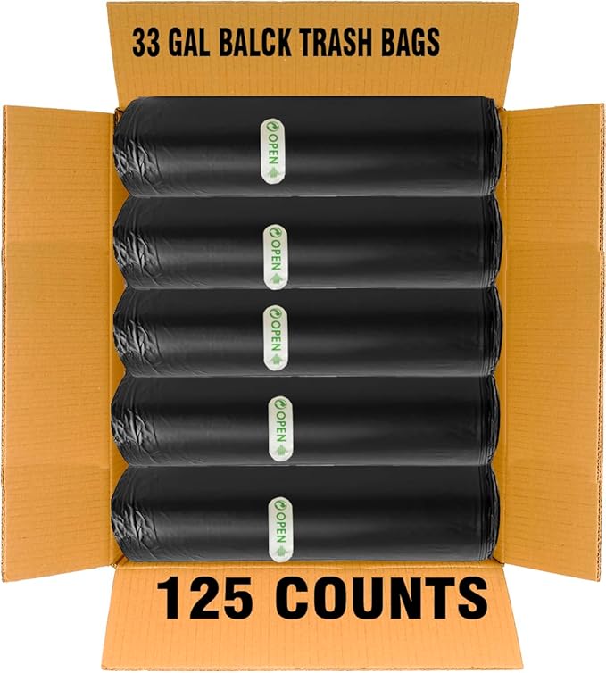 33 Gallon Trash Bags 125 Count Black Garbage bags Multi-purpose Trash Can Bin Liners for Home Commercial Outdoor Construction Industrial Janitorial Municipal Lawn Leaf