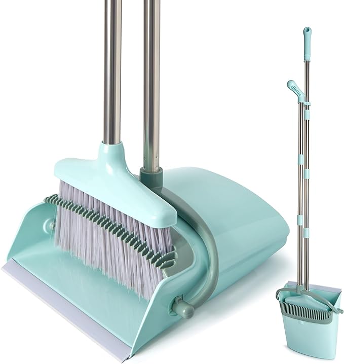 XXXFLOWER Broom and Dustpan Set with Cleaning Teeth+Self-Wringing Twist Mop for Floor Cleaning 57” Long Handle Heavy Duty Microfiber Mop for Wet Mopping on Tile Hardwood Kitchen Bathroom