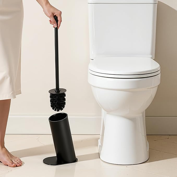 Toilet Brush and Holder Set Stainless Steel Toilet Bowl Brush with 16.5 Long-Reach Handle Tilted Canister with Concealed Brush Head &amp Anti-Splash Shield for Bathroom Cleaning 1 Spare Head Incl