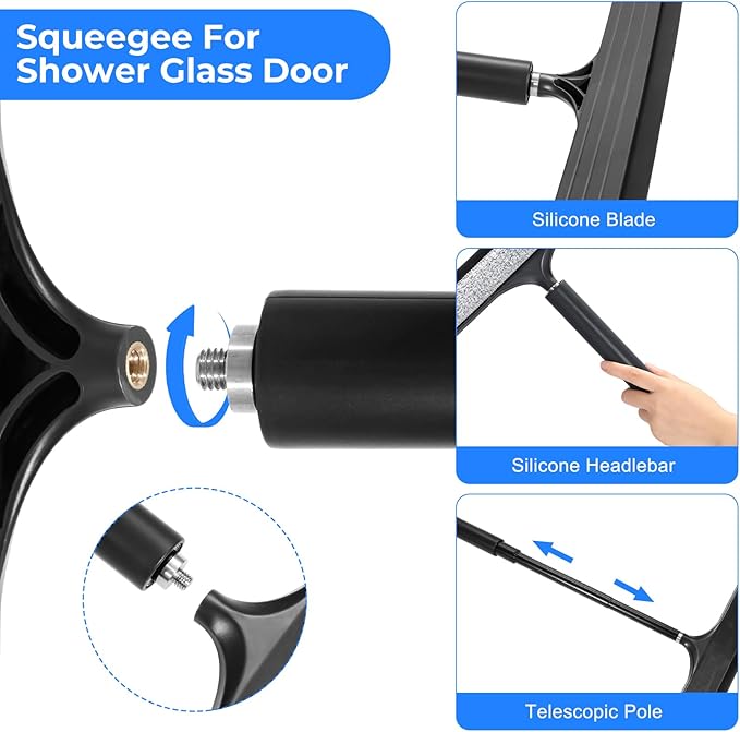 Shower Squeegee with Long Handle Telescoping Window and Floor Extendable Squeegee for Shower Glass Bathroom Surfaces Mirrors and Smooth Floors Includes Replaceable and Washable Cloth Pads