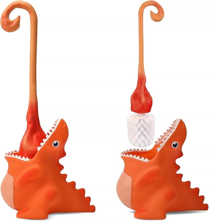 Creative Dinosaur Toilet Brush Toilet Bowl Brush and Holder Flexible Toilet Bowl Brush Head Bathroom DinosaurToilet Bowl Brush for Deeply CleaningCute Bathroom Accessories (Orange)