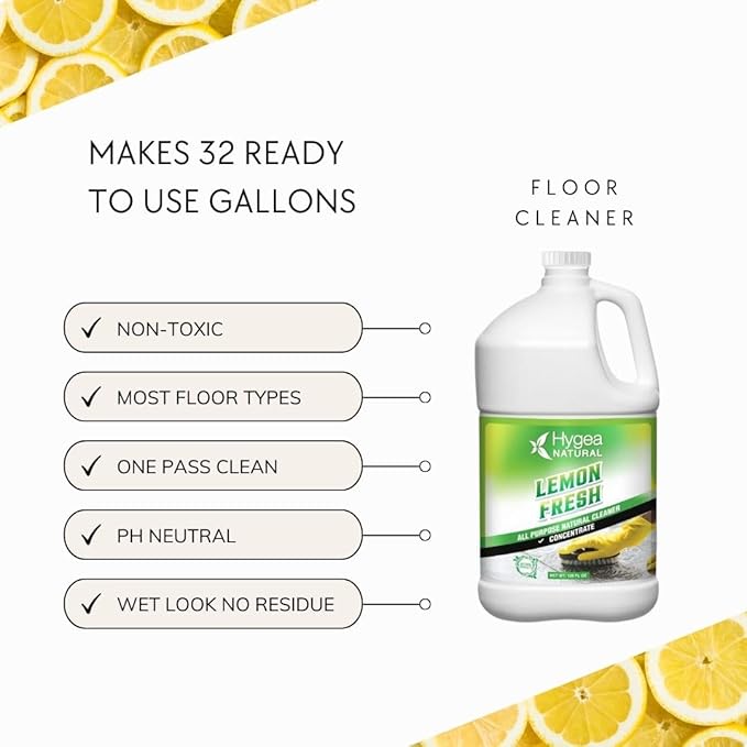 Hygea Natural Lemon Fresh Concentrated All Purpose Cleaner - Non Toxic - Removes Soil Dirt &amp Grease - Wet Gloss Finish - Biodegradable pH-Neutral &amp Ammonia Free (128oz Concentrated Gallon)