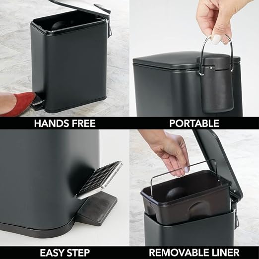 mDesign Slim Metal Rectangle 1.3 Gallon/5 Liter Trash Can with Step Pedal Easy-Close Lid Removable Liner - Narrow Wastebasket Garbage Container Bin for Bathroom Bedroom Kitchen - Black