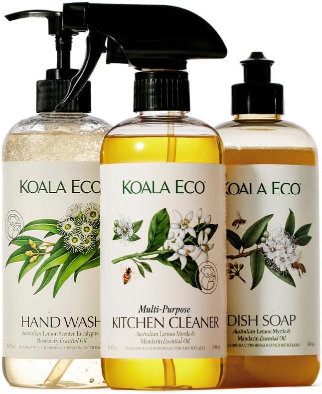 Koala Eco Gift Set of 3 Includes: Kitchen Cleaner Dish Soap Hand Wash Beautifully Packaged - Australian Lemon Eucalyptus Lemon Myrtle &amp Rosemary Essential Oil 16 oz (3 Pack)