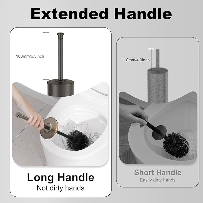 Pewter Toilet Brush and HolderExtra Long Handled Toilet Brush for BathroomStainless Steel Heavy Duty Toilet Bowl BrushRemovable Inner BowlDeep Cleaning Dense Bristles Cleaner Brush -Space Saving