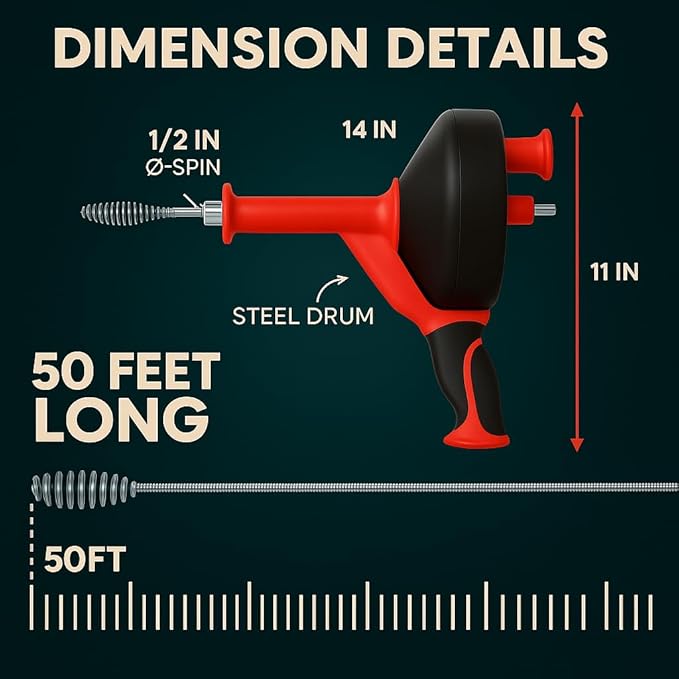 50 FT Drain Snake Hair Drain Clog Remover Manual Or Powered Plumbing Snake With Drill AdapteUnclog Sink Drain Tool Drain Auger for Toilet、Shower、Kitchen、Sink No Auto Retract Or Feed Red