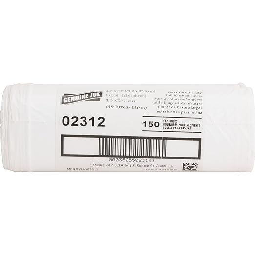 Genuine Joe GJO02312 Heavy Duty Low-Density Kitchen Trash Bag 13 Gallon Capacity 31 Width x 24 Height x 0.85 mil Thickness White (Box of 150)