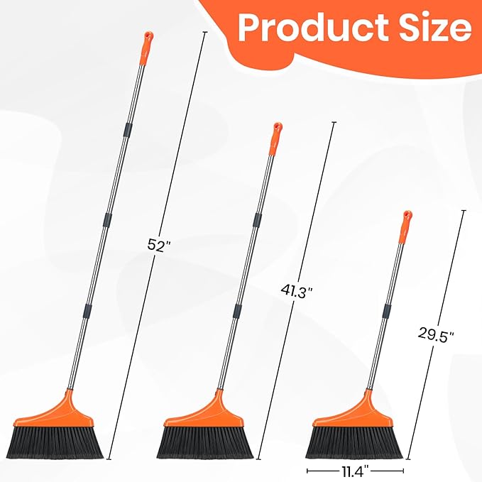 4 Pack Heavy-Duty Angle Broom for Floor Cleaning with 52 Long Handle Stiff Bristle Angle Commercial and Industrial Broom Indoor Outdoor Broom for Garage Kitchen Office Lobby Patio
