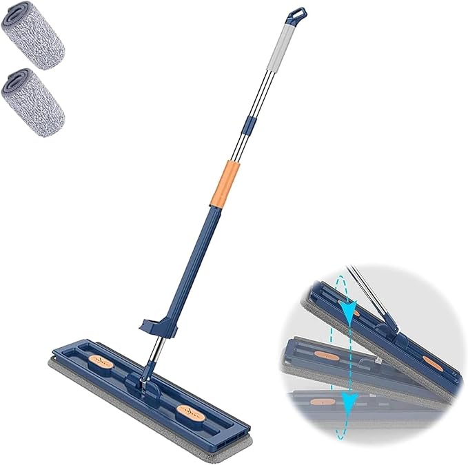 Large Flat Mop - Magic Mop 360° Wall Cleaning with Long Handle Stainless Steel Long Handle with 2/4 Microfiber Pads for Floors Corner Window 12027(Blue Mop+2 Rag)